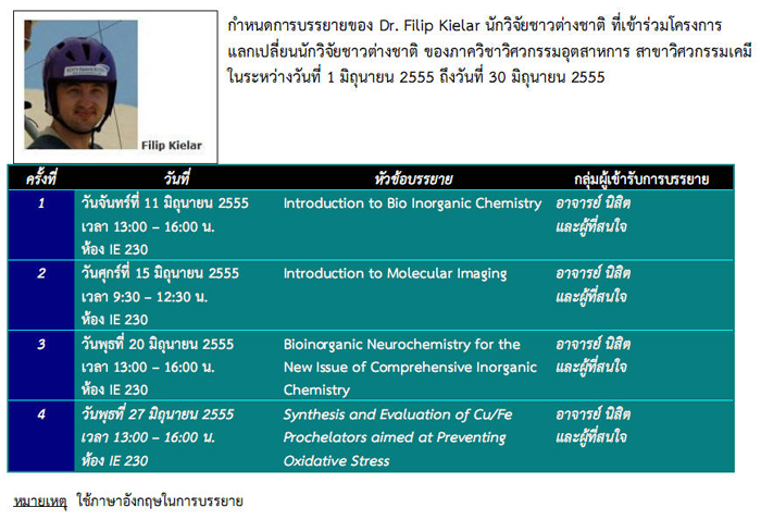 1-30 มิ.ย. 2555 การบรรยายในโครงการแลกเปลี่ยนนักวิจัยชาวต่างชาติ ของภาควิชาวิศวกรรมอุตสาหการ สาขาวิศวกรรมเคมี